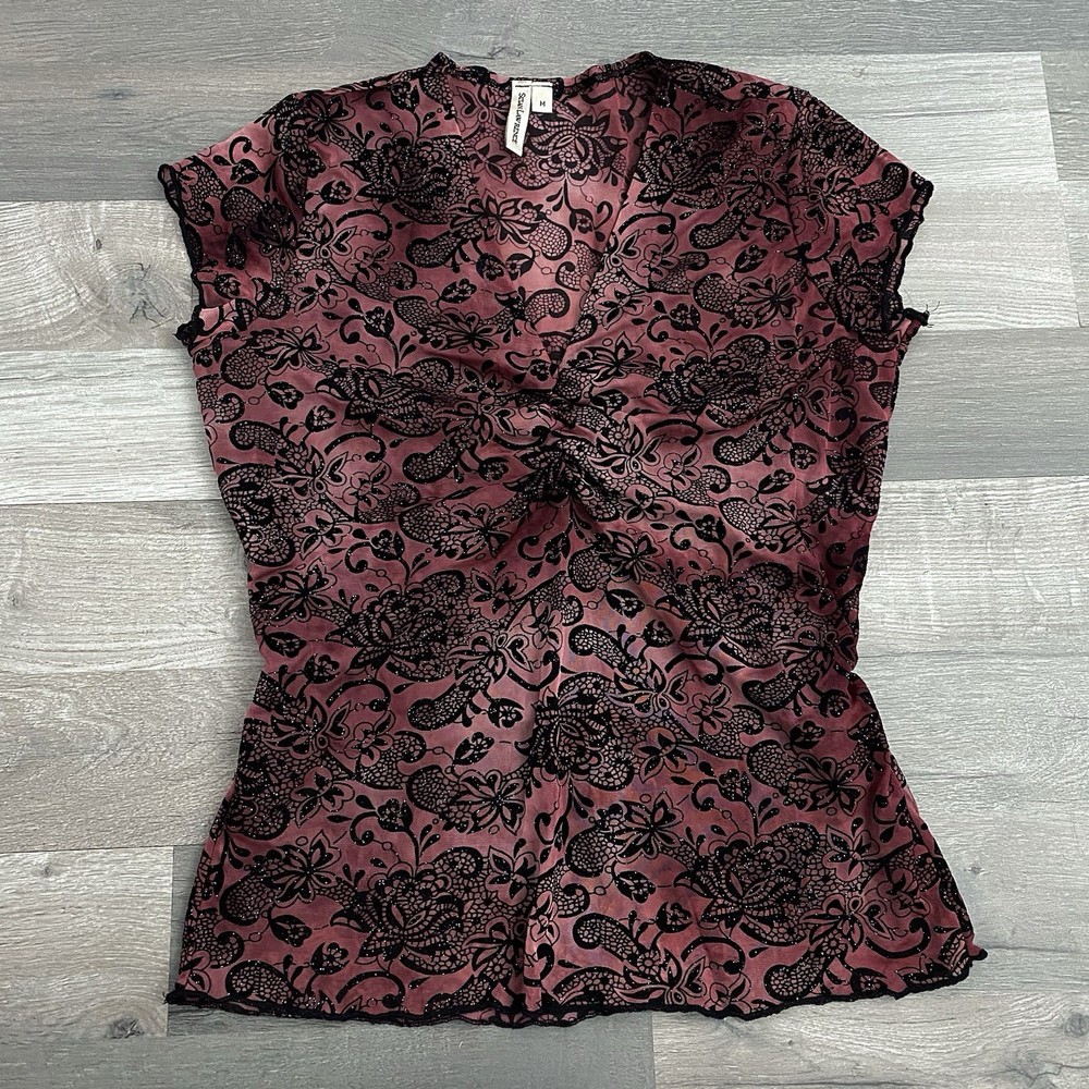 Vintage Y2K Whimsigoth Floral Velvet Mesh Glitter Top Womens M