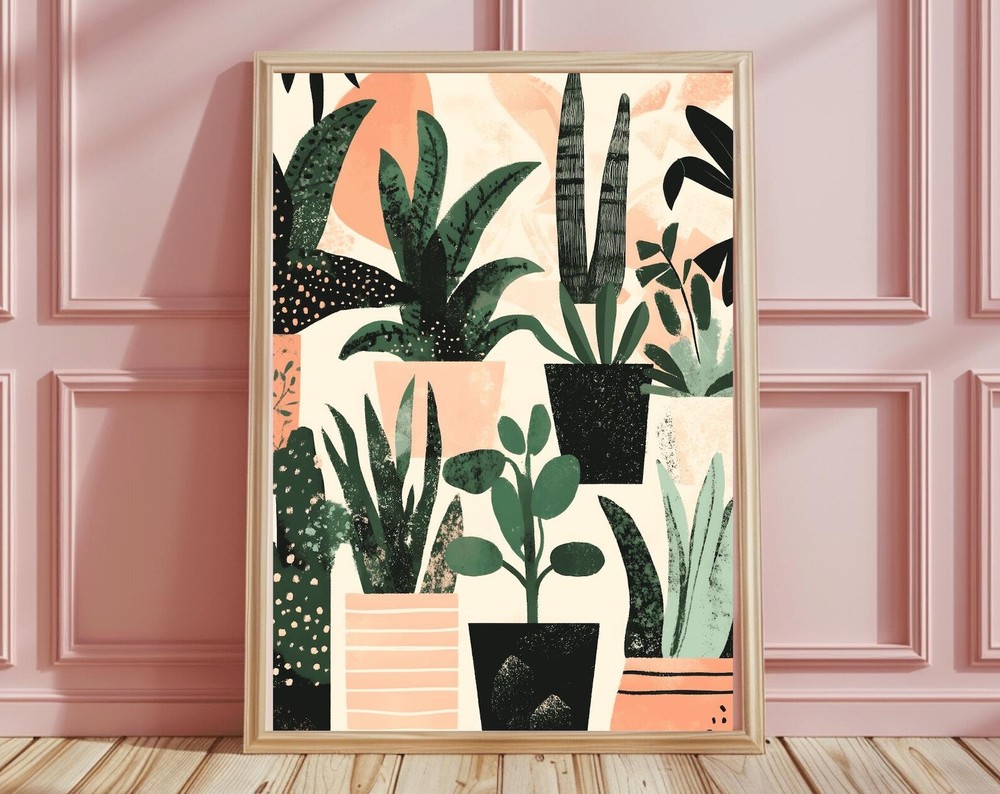 Boho Pink Botanical Plant Pots Print Boho Wall Art Emerald Color Floral Motifs