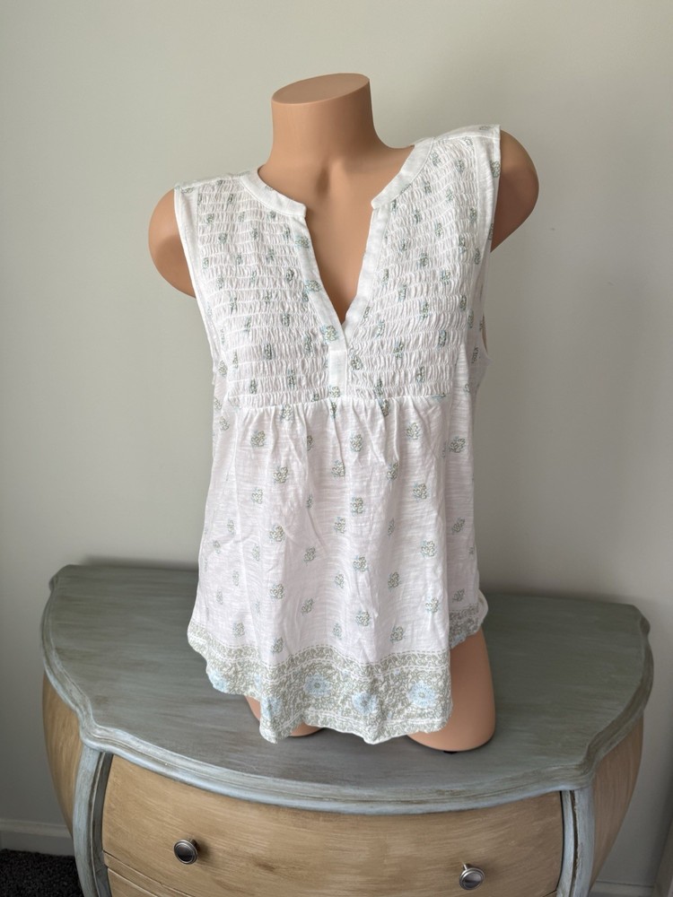 Lucky Brand Tank Top Women L Boho Floral Lightweight Slub Knit Cottage V Smocked