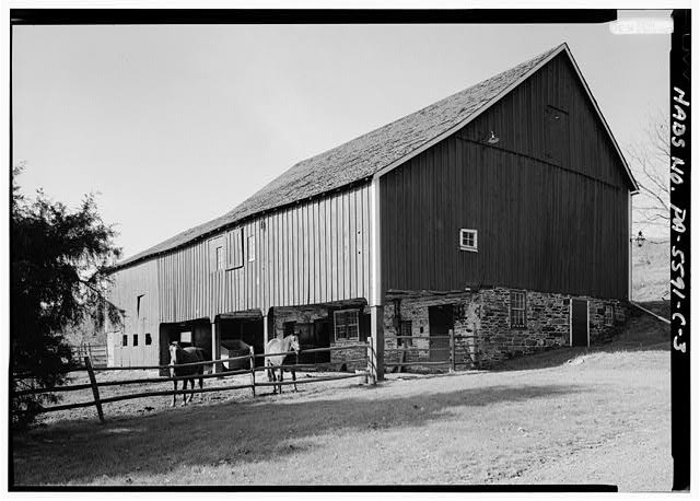 3. PERSPECTIVE VIEW OF SOUTHEAST (FRONT) AND NORTHEAST SIDE - High Farm, Barn,