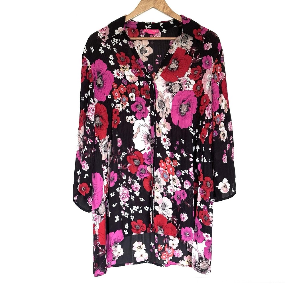 Sunny Leigh Plus Shirt Women’s 1X Floral Button Up Boho Sheer 3/4 Sleeve Top