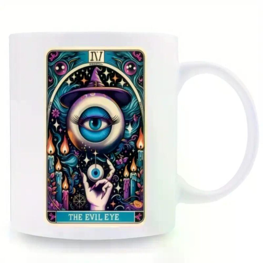 11oz Evil Eye Tarot Ceramic Coffee Mug with Mystical Witch Hat & Candle Design