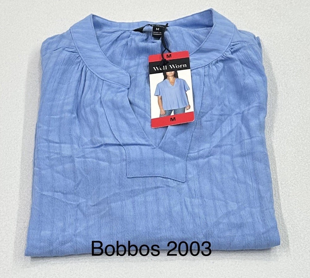Well Worn Women's Short Sleeve V-Neck Blouse, Blue, Size M