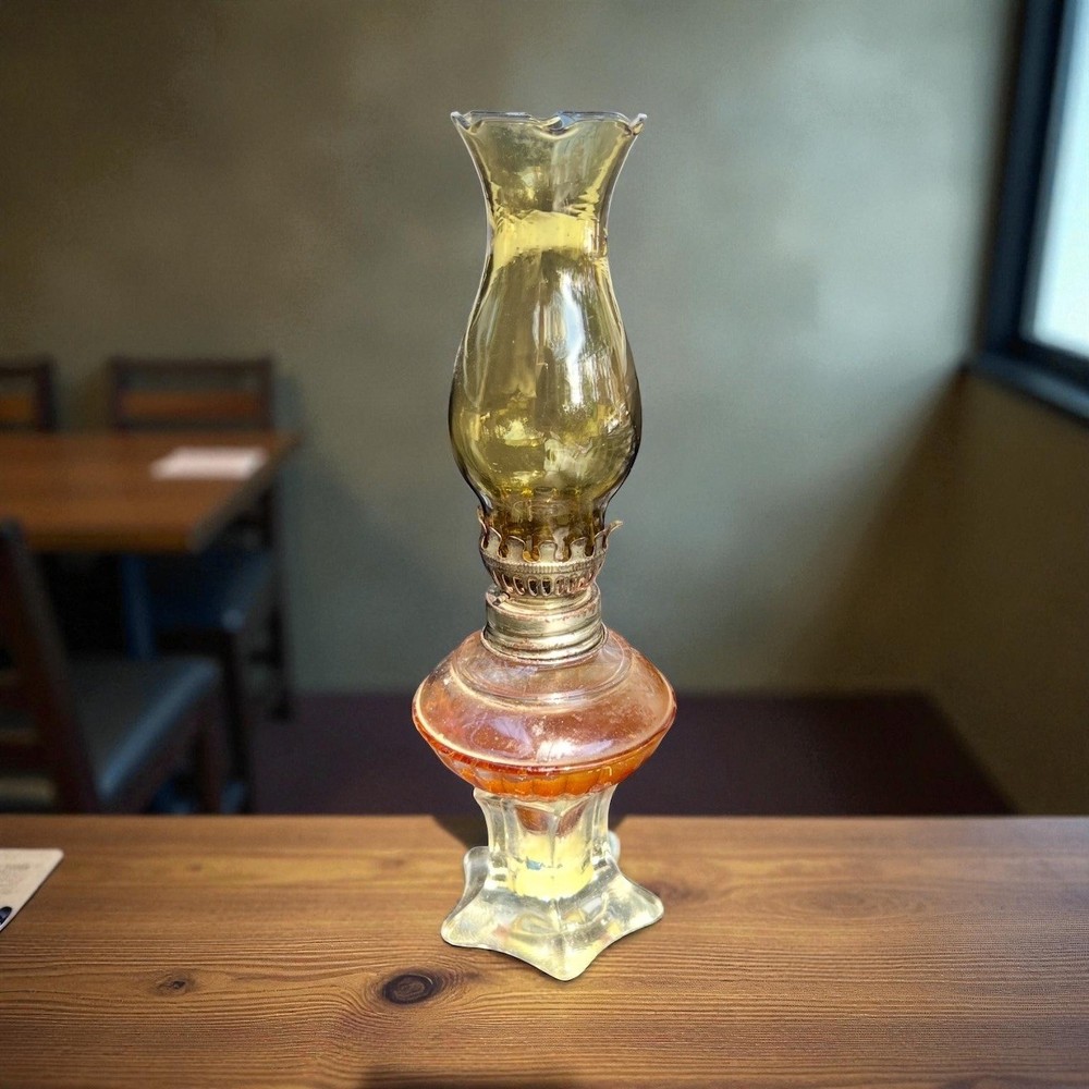 Vintage Amber Glass Oil Lamp Hurricane Style Ornate Metal Base Tabletop Decor