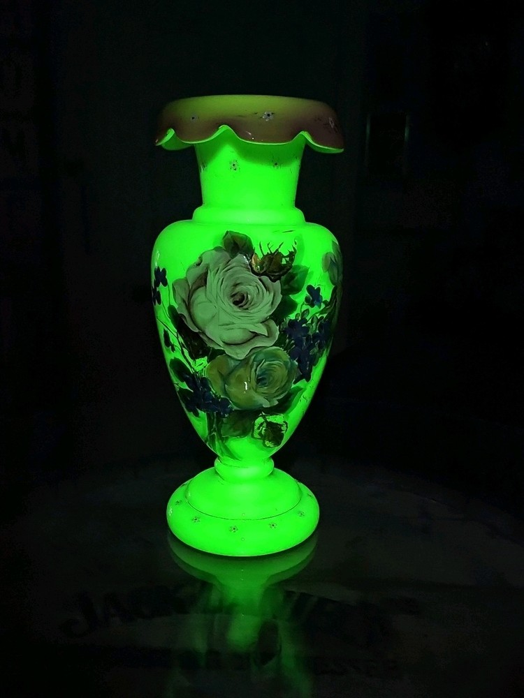 NICE!! Harrach Victorian Uranium Hand Painted Enamel Floral Art Glass Vase 13