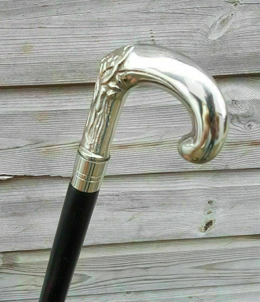 SIlver Brass Eva & Adam Handle Wooden Walking Stick Cane Vintage Style Nautical