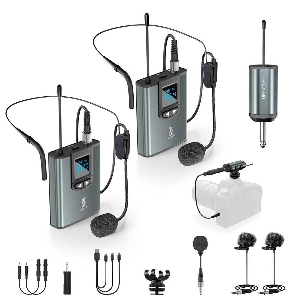 Wireless Microphone System with Dual Transmitters Receiver Lavalier and Headset Mic for Professional Studio or Live Performances