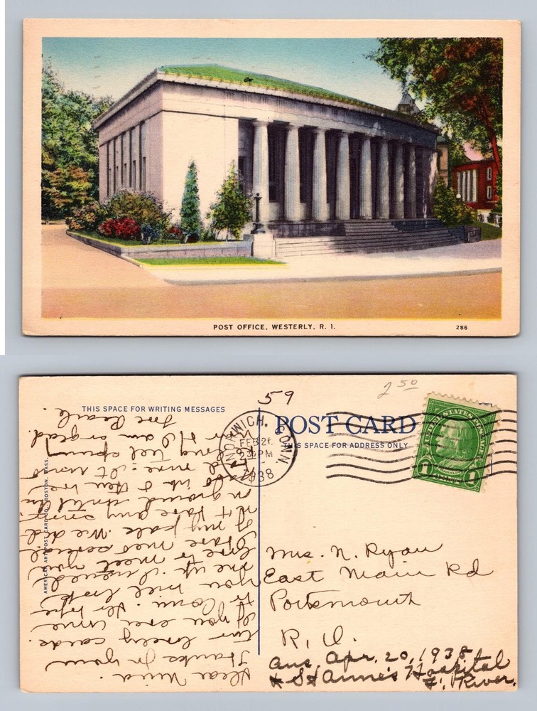 Westerly, RI-Rhode Island, Post Office Columns View Card c1938 Vintage Postcard