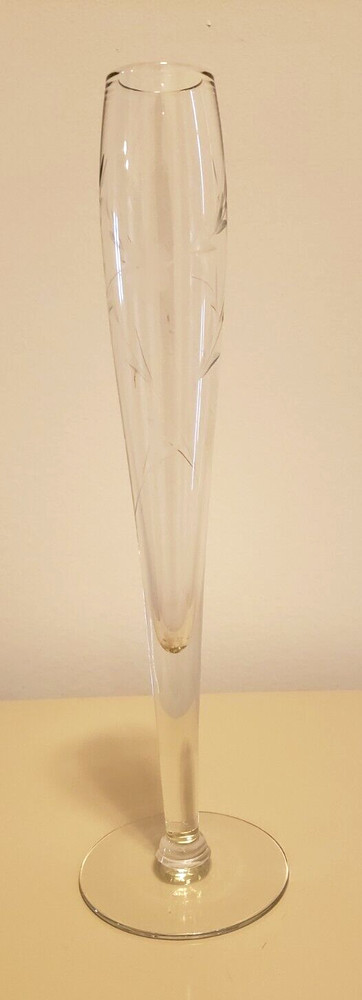 Vintage Flute Etched Glass Bud Vase with Flowers and Leaves 10