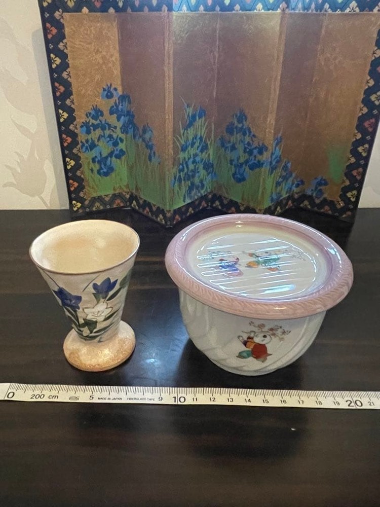 Arita Ware Ceramic Cup with Blue Flower Decor, Kyoto Kiyomizu Yaki