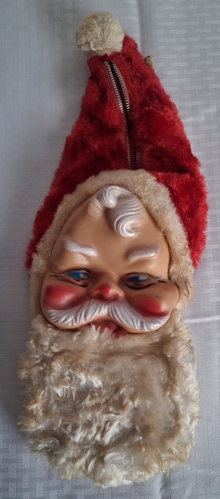 Vintage Christmas Toy Rubber Face Santa Stocking Pajama Zippered Bag 1950s