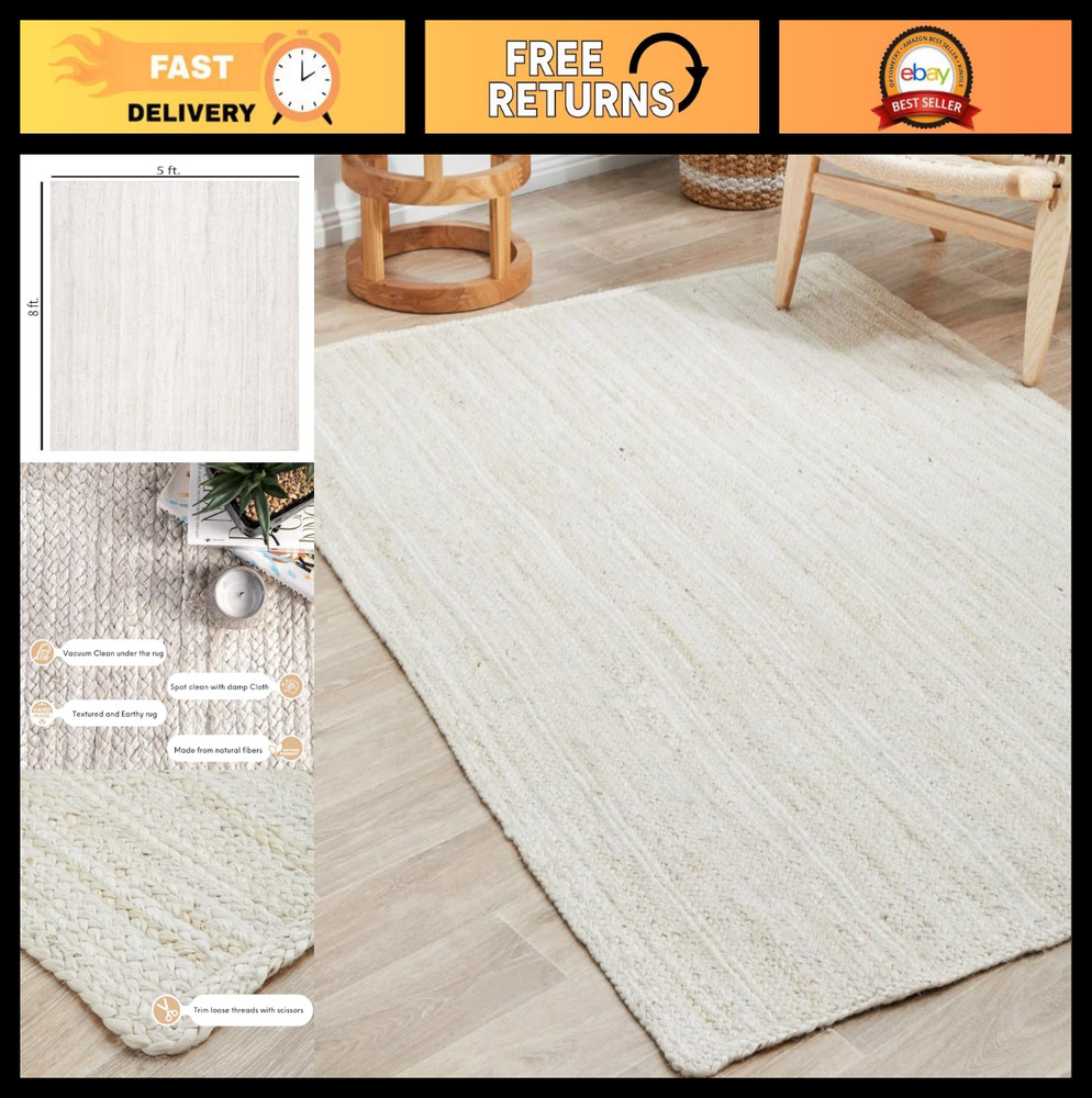 Hand Woven 100% Jute Area Rug 5x8 Feet - Braided Design Natural Fiber Carpet for