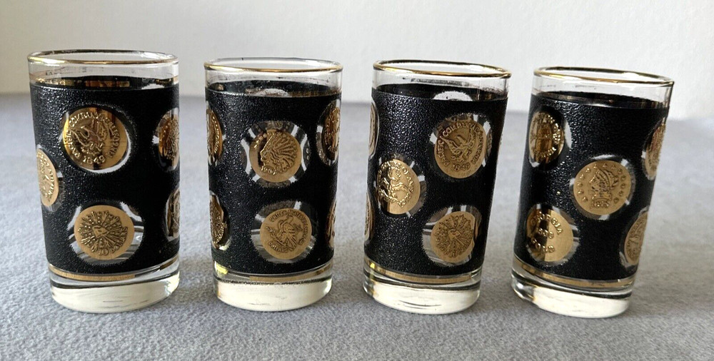 Vintage Libbey Mid Century Modern High Ball Glasses 5 inch Gold Coin Black 4pc