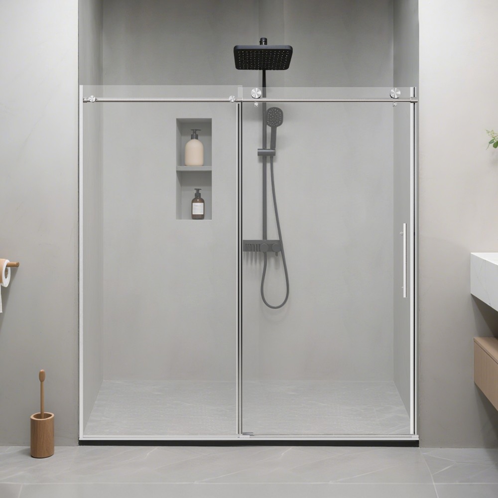 68-72 Inch Wide x 76 Inch Tall Brushed Nickel Sliding Shower Door with 3/8 Inch Tempered Clear Glass