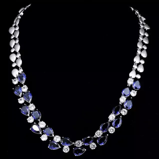 18k White Gold-Plated Lab-Created Blue Sapphire Tennis Necklace Gorgeous 18