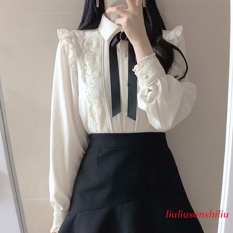 Lace Shirt Blouse Tops Bowknot Ruffle Frill Lolita Long Sleeve Office Women Chic