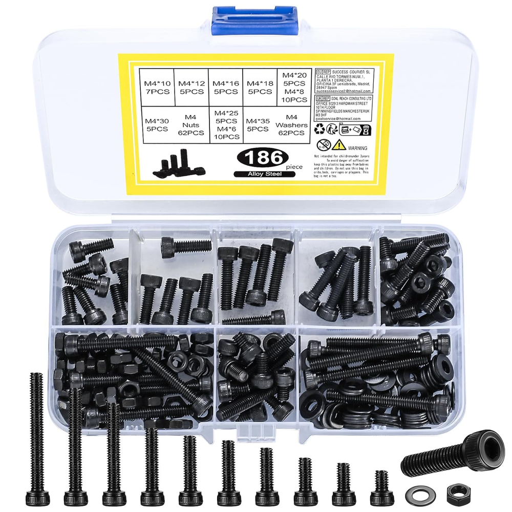 M4 Hex Socket Head Cap Screws Bolts and Nuts and Washers Assortment Kit, 186 Pcs