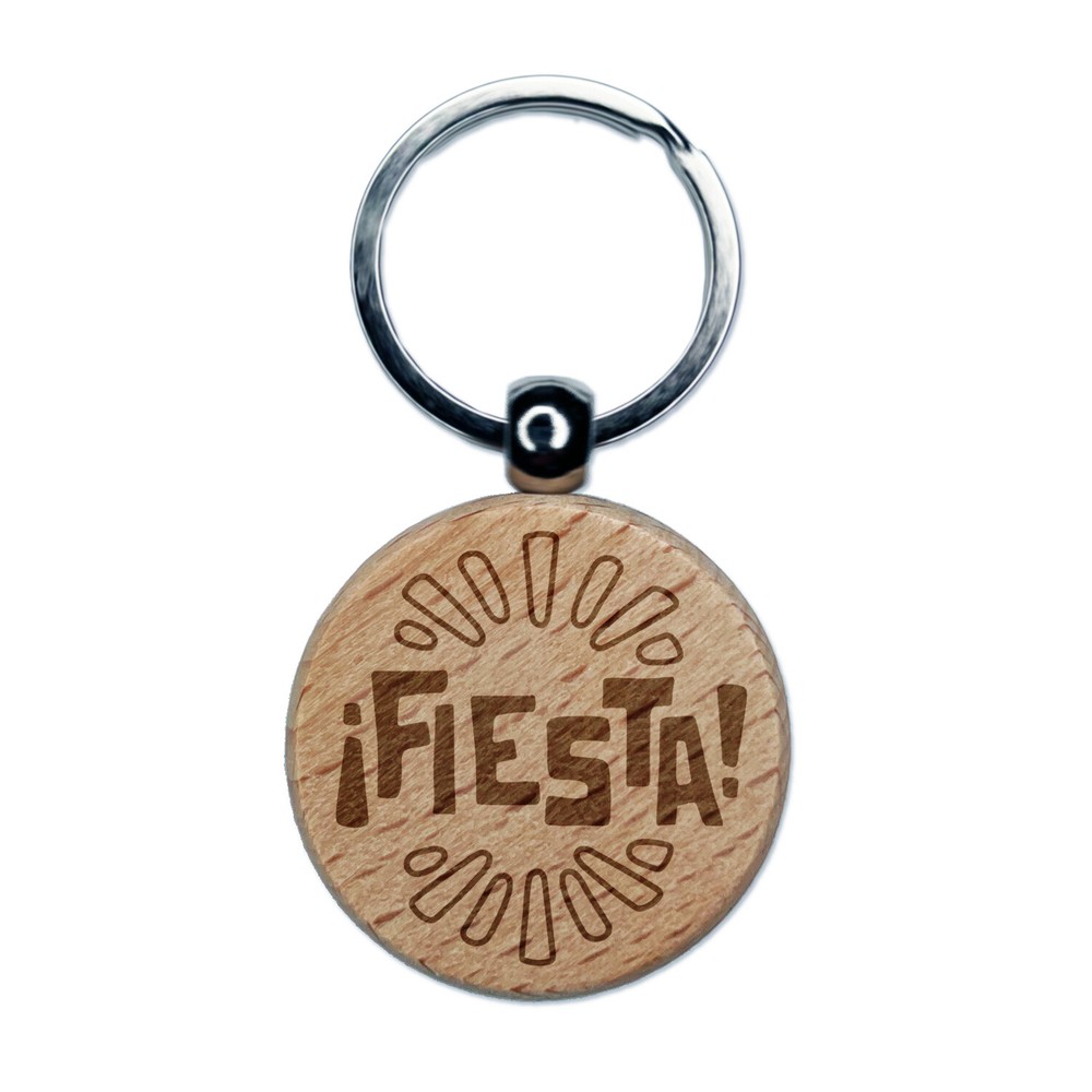 Fiesta Party Text Engraved Wood Round Keychain Tag Charm