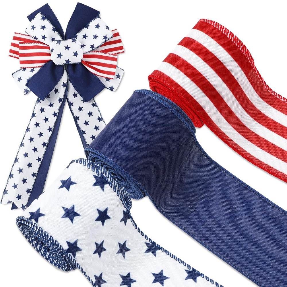Patriotic Wired Edge Ribbon 4th July Red White Blue Craft Wrapping 3 Rolls