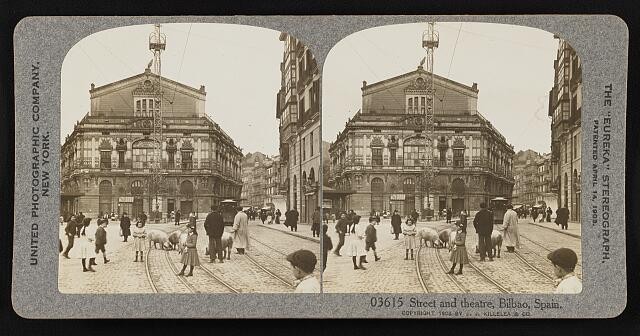 Photo:Street and theatre, Bilbao, Spain 1908