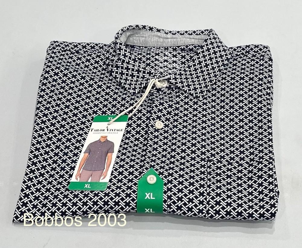 Tailor Vintage Men's Button Up Short Sleeve Shirt, Dark Blue, Size XL