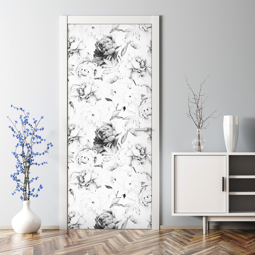 Light Peony Adhesive Sketch black white illustration Repositionable Door Decal