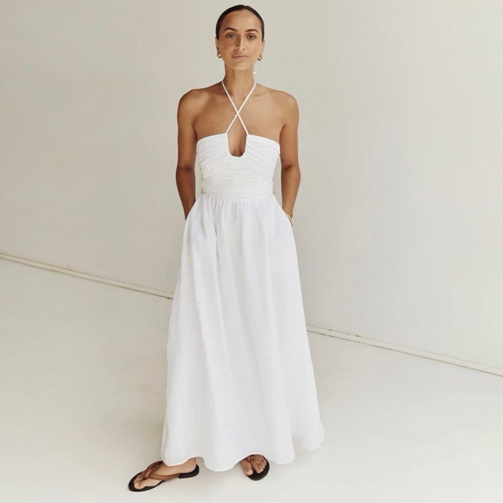 DISSH dress Size AU/UK 10 US 6 Izzy White Halter Neck Midi Gathered Linen Bridal