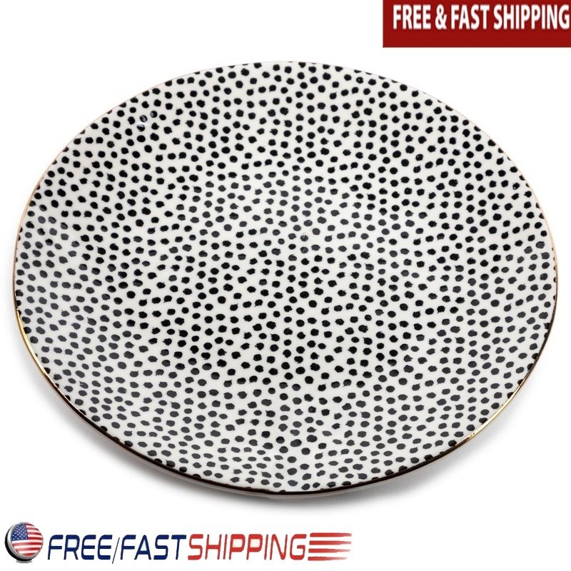 Dot Ceramic Salad Plate Microwave Dishwasher Safe Gold Rim Modern Design New