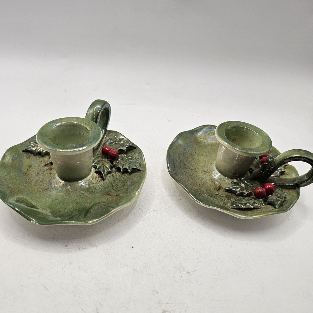 Christmas Candle Stick Holders Lusterware Holly Berry Vintage Set Of 2
