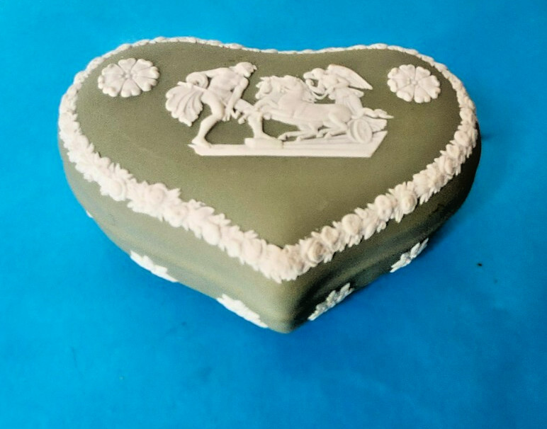 Wedgwood Jasperware Sage Green Heart Shaped Trinket Box Made In England