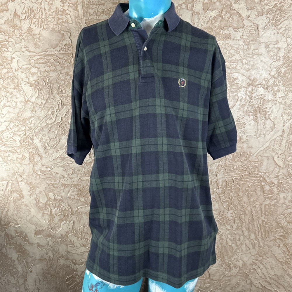 Vintage 90s Tommy Hilfiger Green Plaid Polo Shirt with Navy Crest Logo Preppy Style