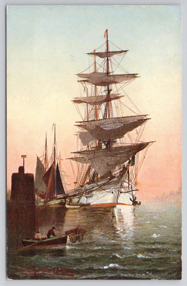 Vintage German American Art Postcard Tall Ship Sailing Boat Ocean Scene