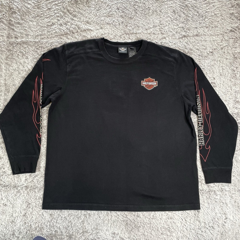 Harley Davidson Shirt Mens 2XL Black Embroidered Spellout Flames Long Sleeve