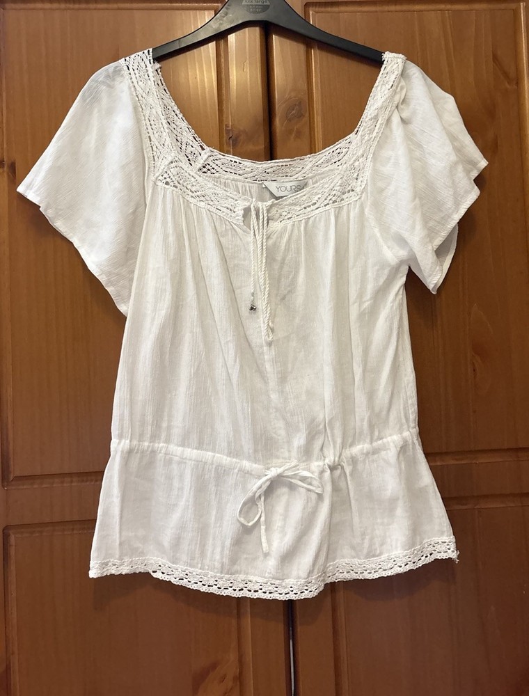 White Crinkle Cotton Boho Blouse with Lace Trim Tie Front UK16