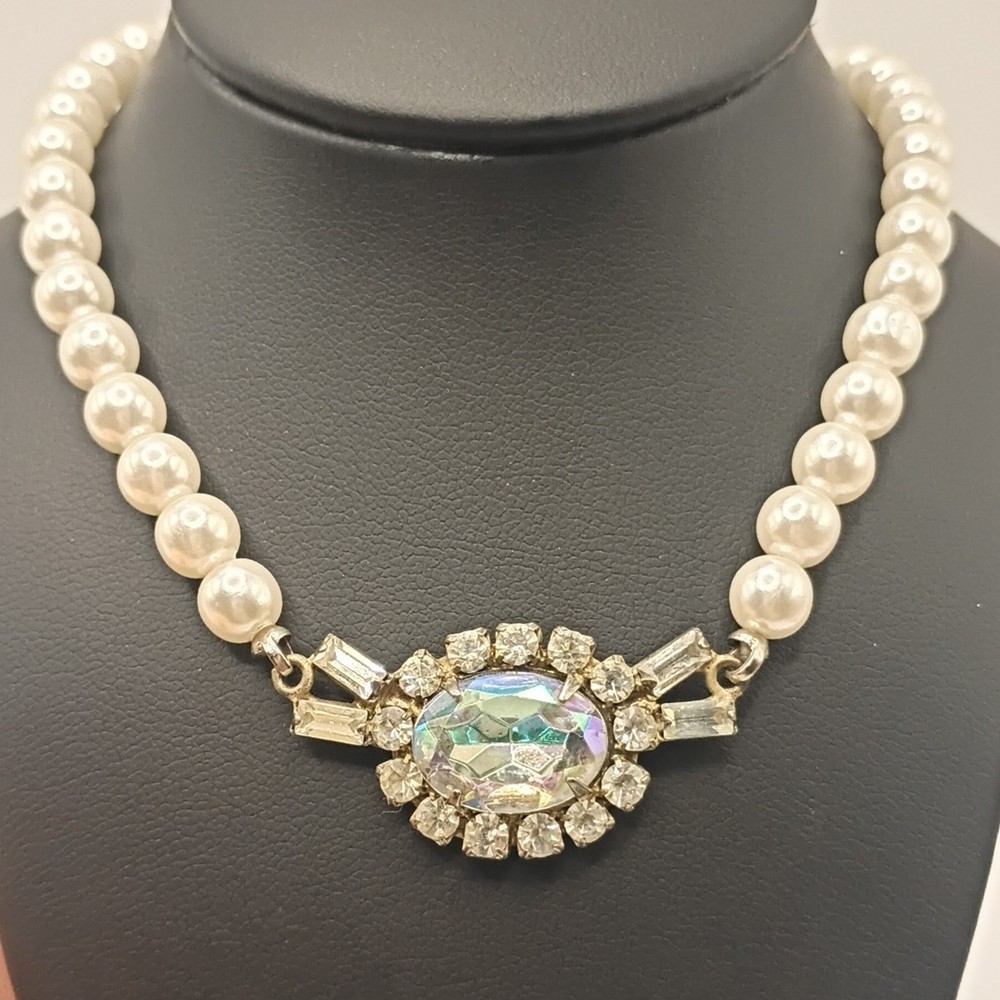 Vintage Faux Pearl Aurora Borealis Rhinestone Necklace Bridal Prom Coquette 16