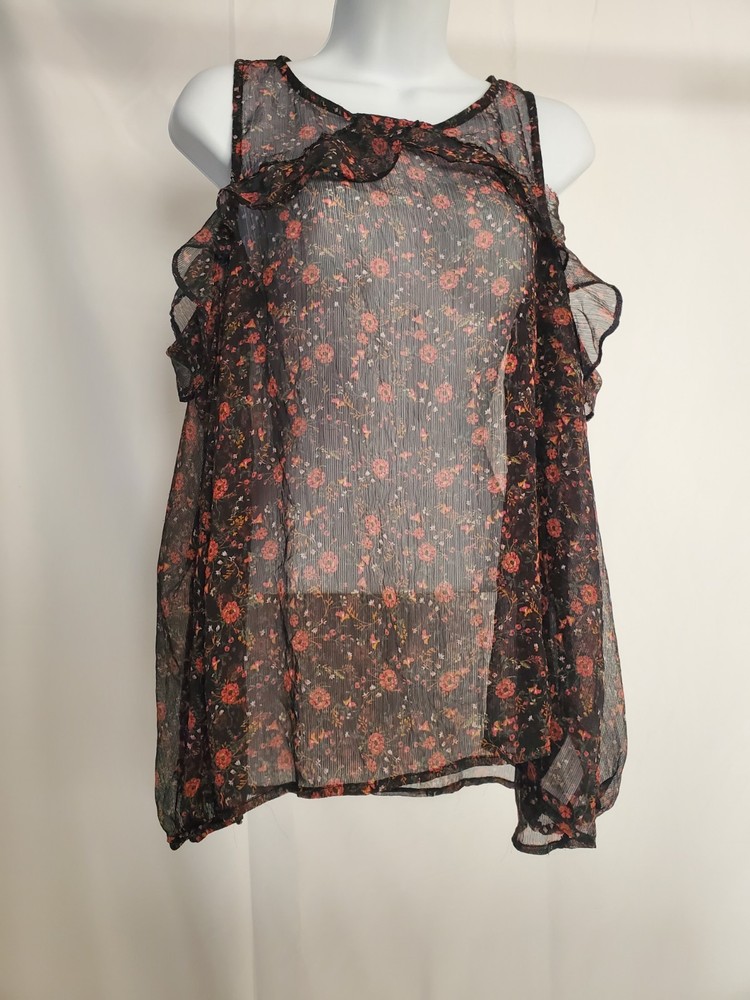 Xhilaration Floral Cold Shoulder Blouse XL Black Sheer Boho Ruffle Peasant Top