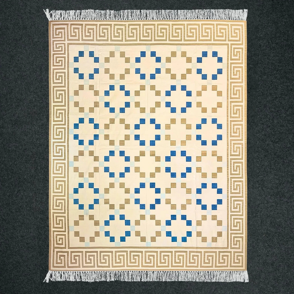Handwoven Cotton Dhurrie Kilim Rug Color Beige, Blue, Brown Design Carpet Rug