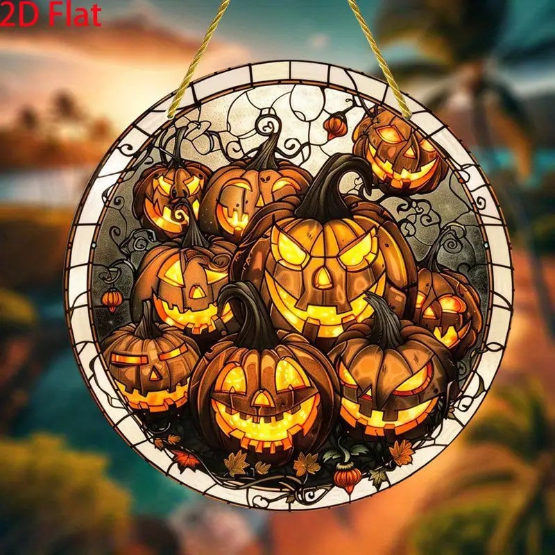 8-Inch Vintage Halloween Pumpkin Suncatcher Glowing Eyes Spooky Decor
