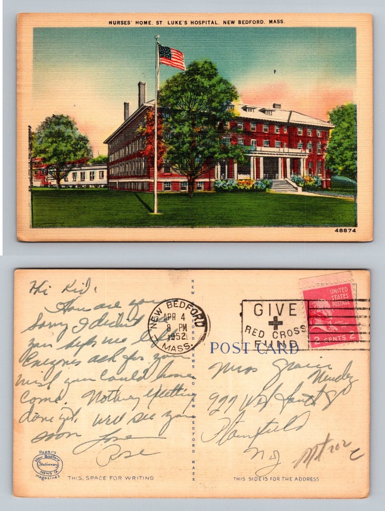 New Bedford, MA-Massachusetts, St Lukes Hospital Nurses Vintage c1952 Postcard