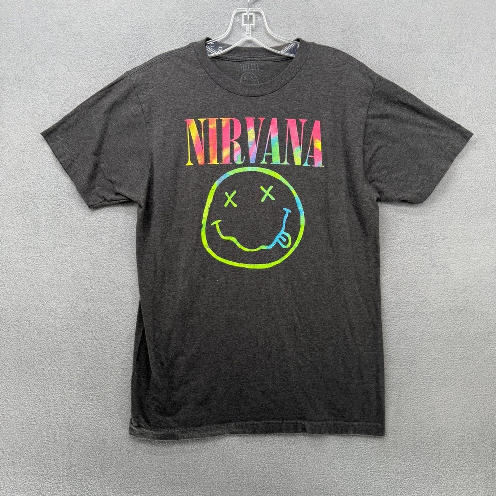 Nirvana Smiley Face Tie Dye Graphic T-Shirt Large Charcoal Gray Rock Band