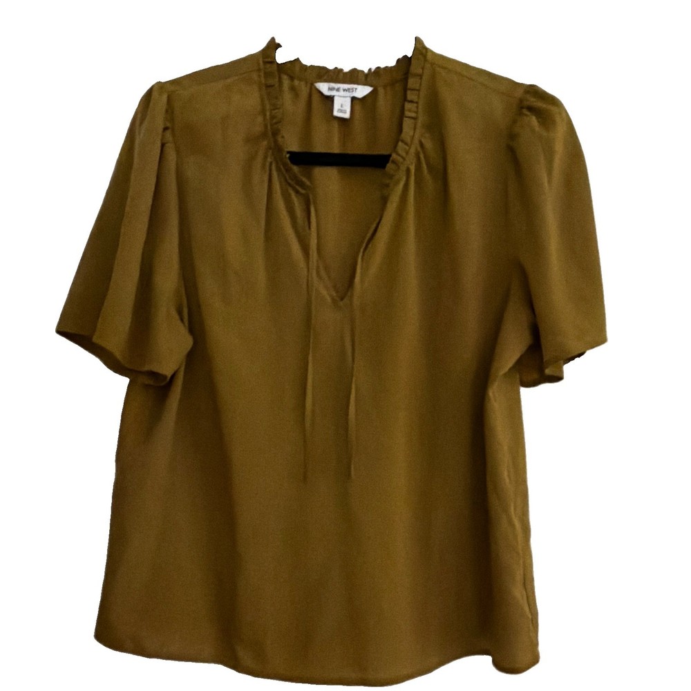 Nine West Women’s Brown Solid V-Neck Short Sleeve Pullover Ruffle Blouse L