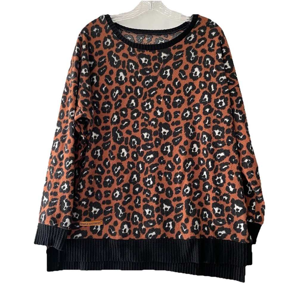 Simply Southern Women’s Size Large Leopard Print Fleece Pullover Brown Black Top