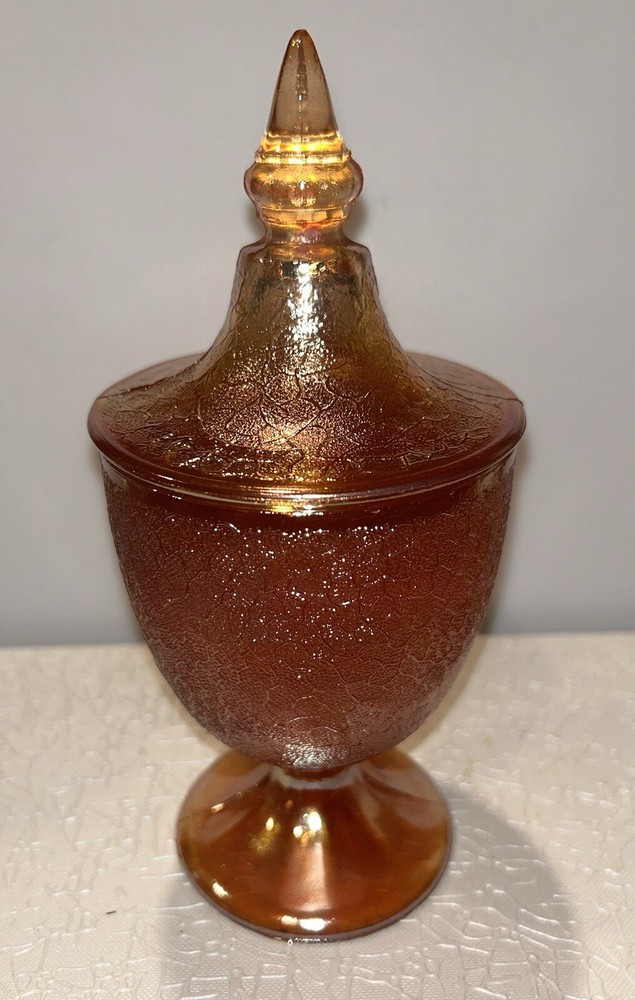 Vintage Jeannette Marigold Carnival Glass Candy Dish w/Lid Crackle Pattern