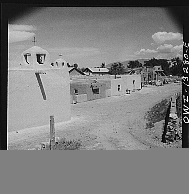 Photo:New Mexico Pueblo Village 1900s Adobe Church Buildings Road