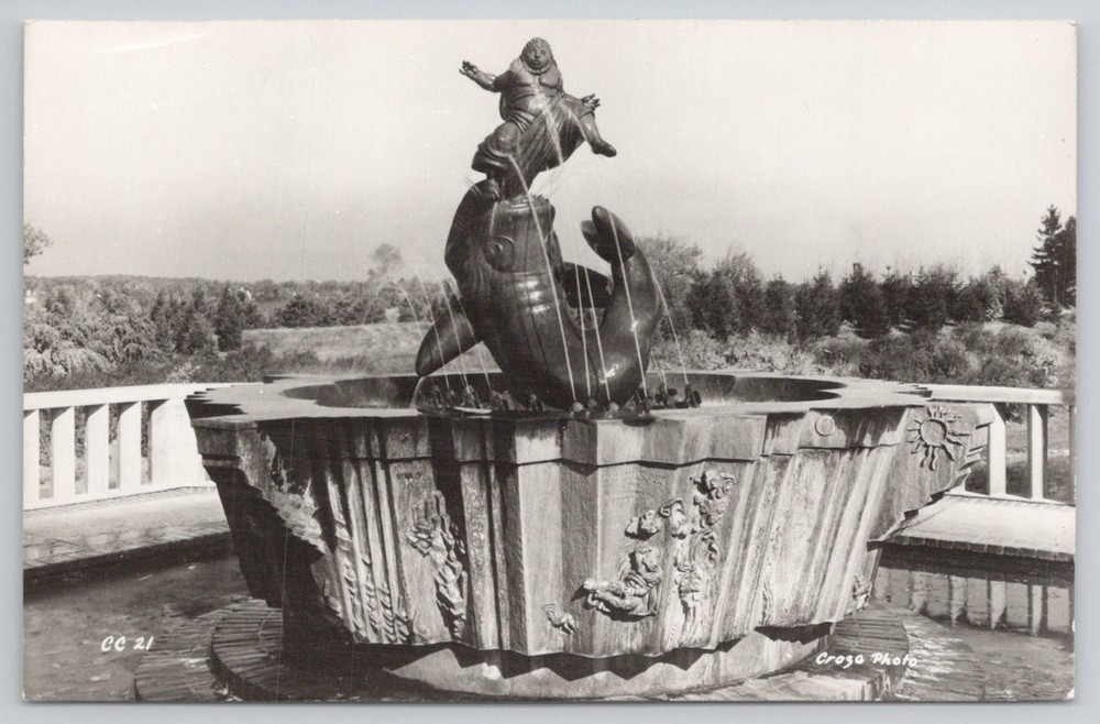 Jonah & Whale Fountain Cranbrook Art Academy Bloomfield Hills MI RPPC