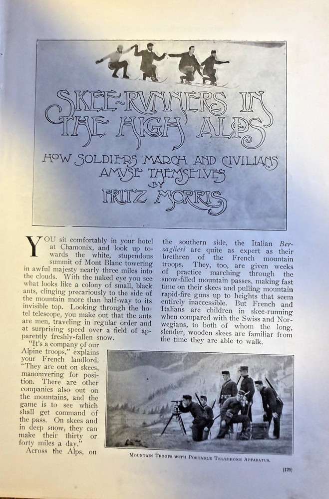 1906 Ski Runners in the High Alps Soldiers & Civilians illustrated