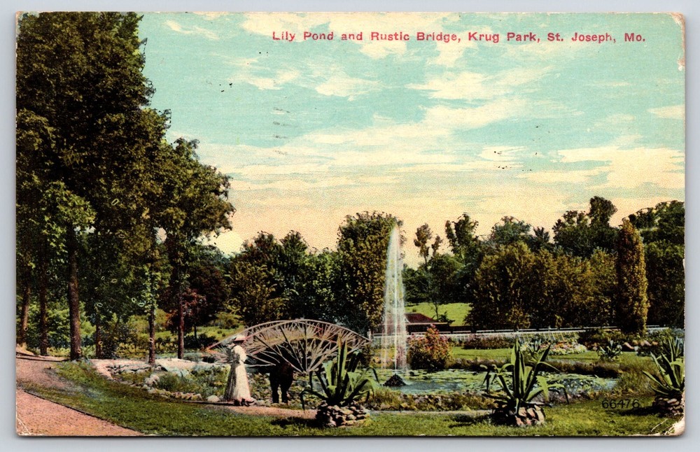Vintage Old Antique Postcard Lily Pond Bridge Park Lady St. Joseph Missouri 1911