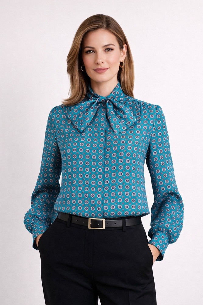 VTG Pussy Bow Career Blouse Button Shirt Women M Professional Office Tie Neck