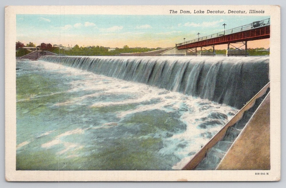 The Dam Lake Decatur Illinois Vintage Linen Postcard Curteich Chicago