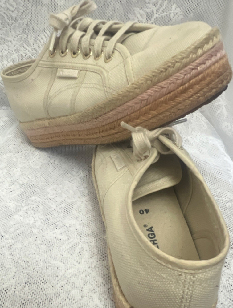 Superga Beige Canvas Espadrille Platform Shoes US Size 9 Lace Up Casual